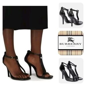 Authentic Burberry Women Black STEFANIE Toe-Ring Leather Stiletto Sandals  US 7